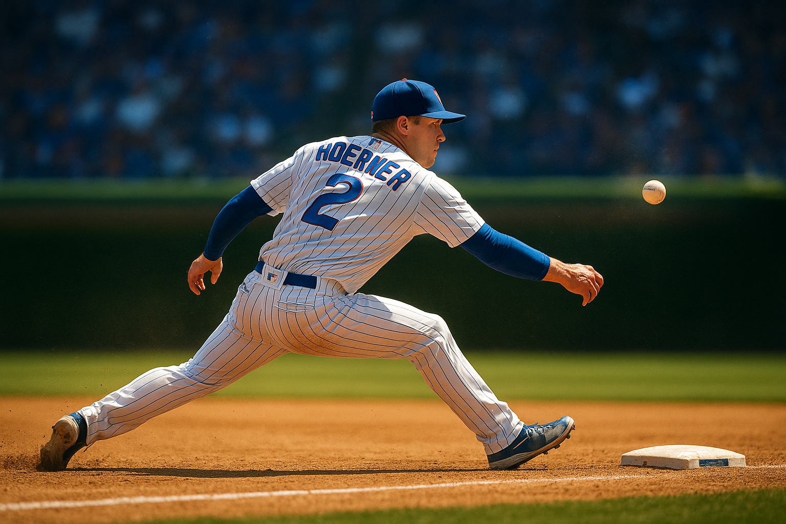 Hoerner fields bunt and throws between legs for out